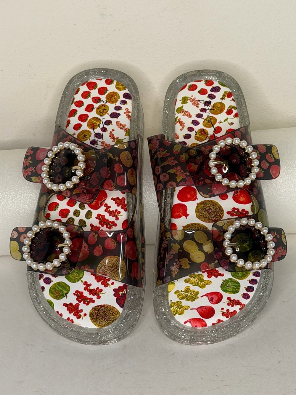 Betsey Johnson Landin Jelly Slide Sandals Rhinestone Fruit Print Size 8 Like New